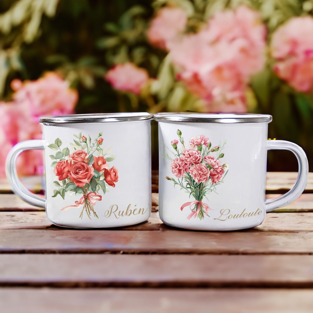 Personalized Name Watercolor Birth Month Flower Mug, 11oz Enamel Mug, Wedding Favor, Birthday/Bridesmaid/Mother's Day Gift for Her/Family/Friend