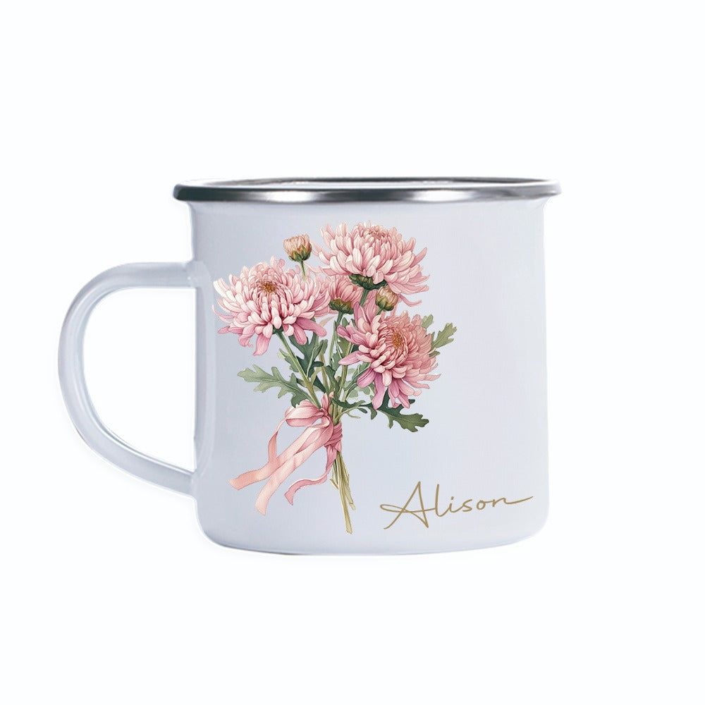 Personalized Name Watercolor Birth Month Flower Mug, 11oz Enamel Mug, Wedding Favor, Birthday/Bridesmaid/Mother's Day Gift for Her/Family/Friend