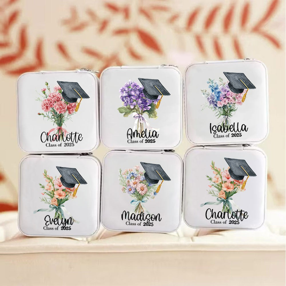 Personalized Graduation Cap Birth Flower Jewelry Box, Custom Name PU Leather Travel Jewelry Case, Graduation Keepsake, Graduation Gift for Women/Girls