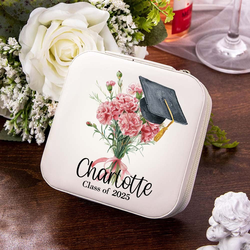 Personalized Graduation Cap Birth Flower Jewelry Box, Custom Name PU Leather Travel Jewelry Case, Graduation Keepsake, Graduation Gift for Women/Girls