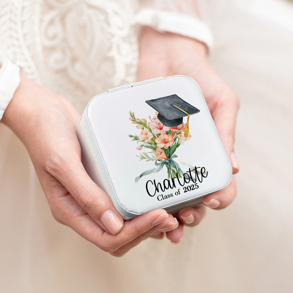Personalized Graduation Cap Birth Flower Jewelry Box, Custom Name PU Leather Travel Jewelry Case, Graduation Keepsake, Graduation Gift for Women/Girls