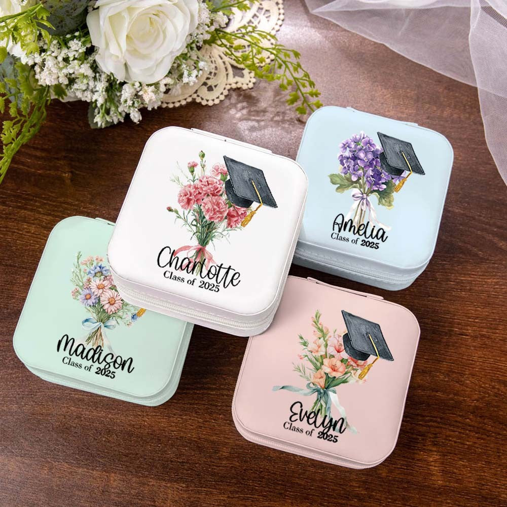 Personalized Graduation Cap Birth Flower Jewelry Box, Custom Name PU Leather Travel Jewelry Case, Graduation Keepsake, Graduation Gift for Women/Girls