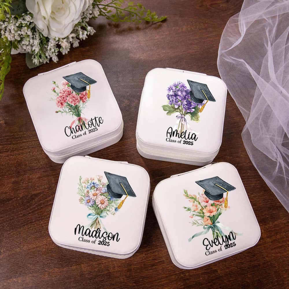 Personalized Graduation Cap Birth Flower Jewelry Box, Custom Name PU Leather Travel Jewelry Case, Graduation Keepsake, Graduation Gift for Women/Girls