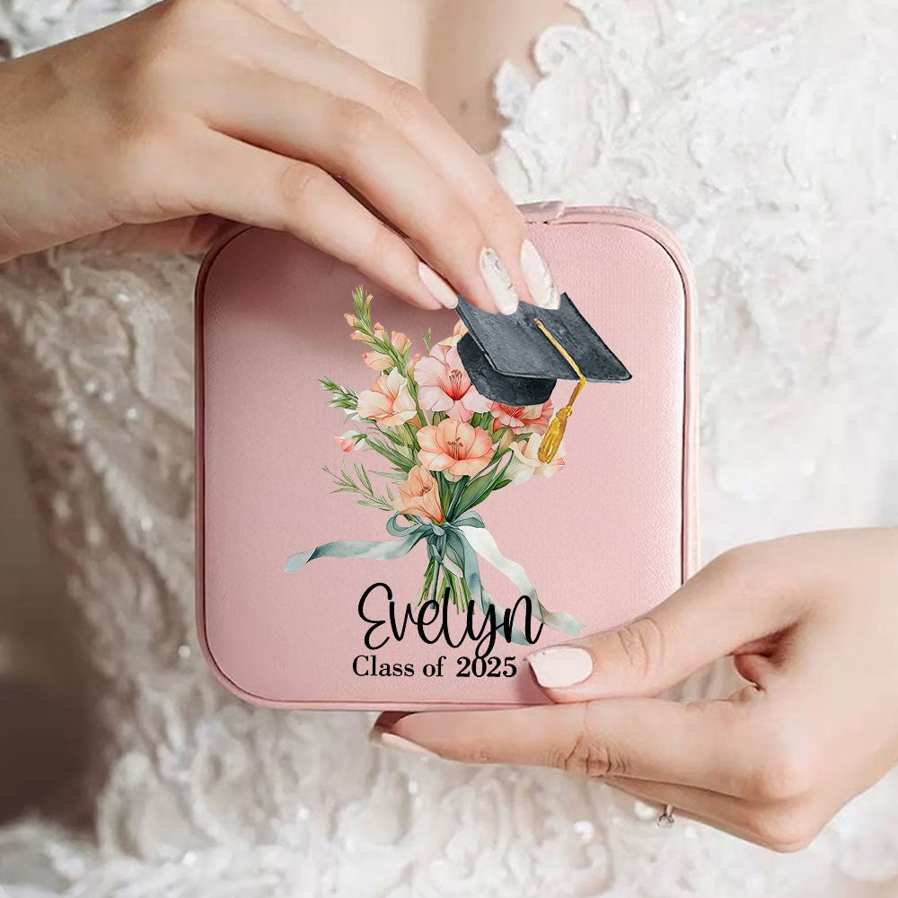 Personalized Graduation Cap Birth Flower Jewelry Box, Custom Name PU Leather Travel Jewelry Case, Graduation Keepsake, Graduation Gift for Women/Girls