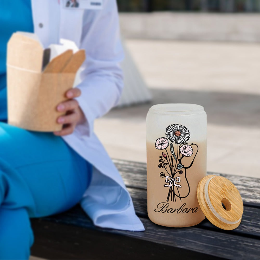 Custom Name Bow Birth Flower Stethoscope Glass Cup, 20oz Frosted Tumbler with Bamboo Lid and Straw, Appreciation Gift for Doctor/Nurse/Medical Staff