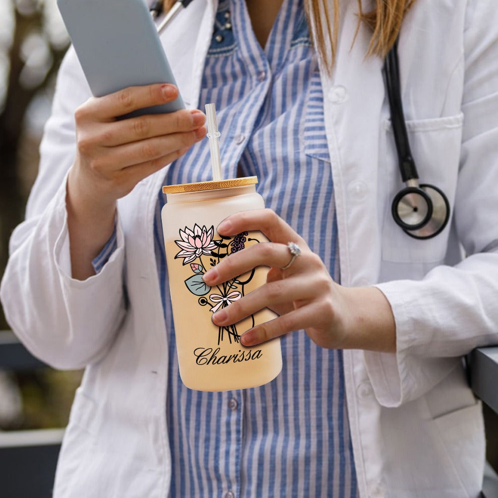 Custom Name Bow Birth Flower Stethoscope Glass Cup, 20oz Frosted Tumbler with Bamboo Lid and Straw, Appreciation Gift for Doctor/Nurse/Medical Staff