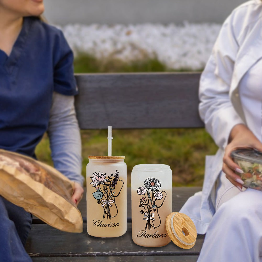 Custom Name Bow Birth Flower Stethoscope Glass Cup, 20oz Frosted Tumbler with Bamboo Lid and Straw, Appreciation Gift for Doctor/Nurse/Medical Staff