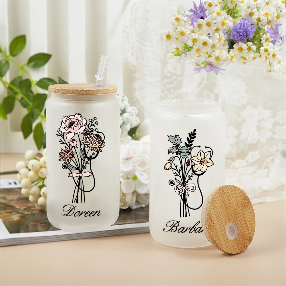 Custom Name Bow Birth Flower Stethoscope Glass Cup, 20oz Frosted Tumbler with Bamboo Lid and Straw, Appreciation Gift for Doctor/Nurse/Medical Staff