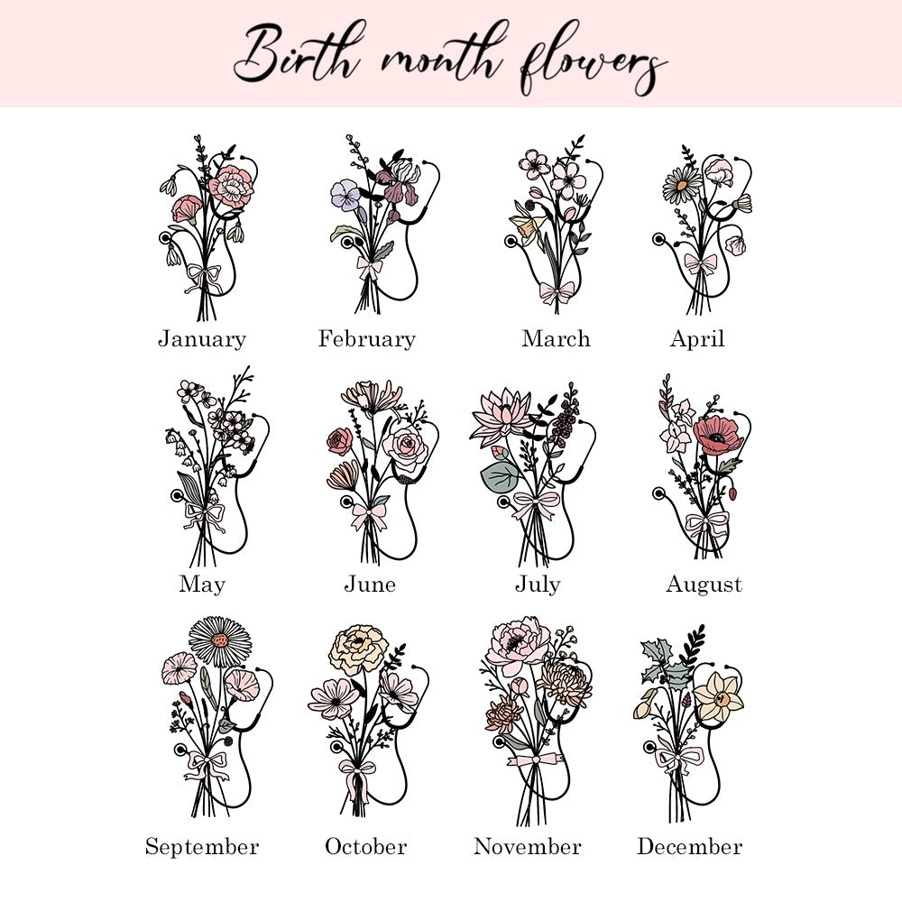 Custom Name Bow Birth Flower Stethoscope Glass Cup, 20oz Frosted Tumbler with Bamboo Lid and Straw, Appreciation Gift for Doctor/Nurse/Medical Staff