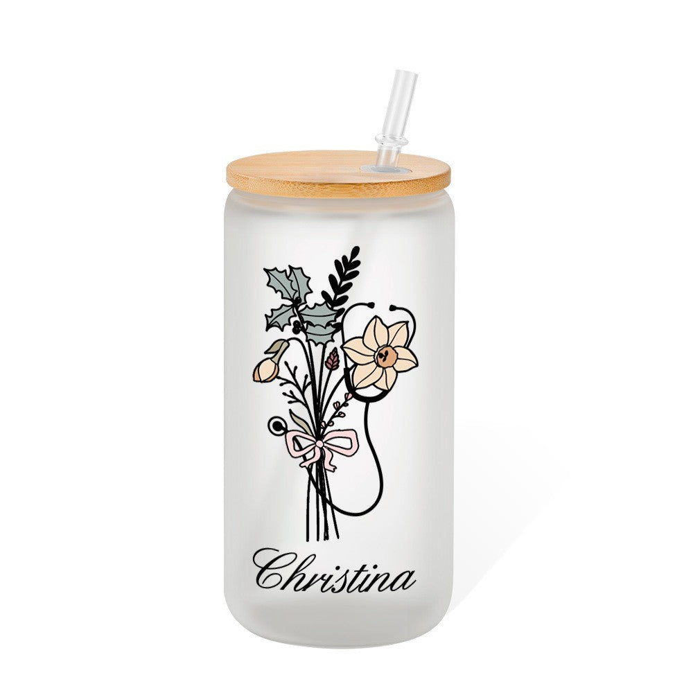 Custom Name Bow Birth Flower Stethoscope Glass Cup, 20oz Frosted Tumbler with Bamboo Lid and Straw, Appreciation Gift for Doctor/Nurse/Medical Staff