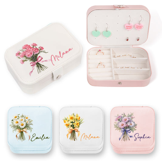 Personalized Name Birth Flower Jewelry Box, PU Leather Flower Bouquet Travel Jewelry Case, Mother's Day/Birthday/Bridal Gift for Mom/Bridesmaids/Her