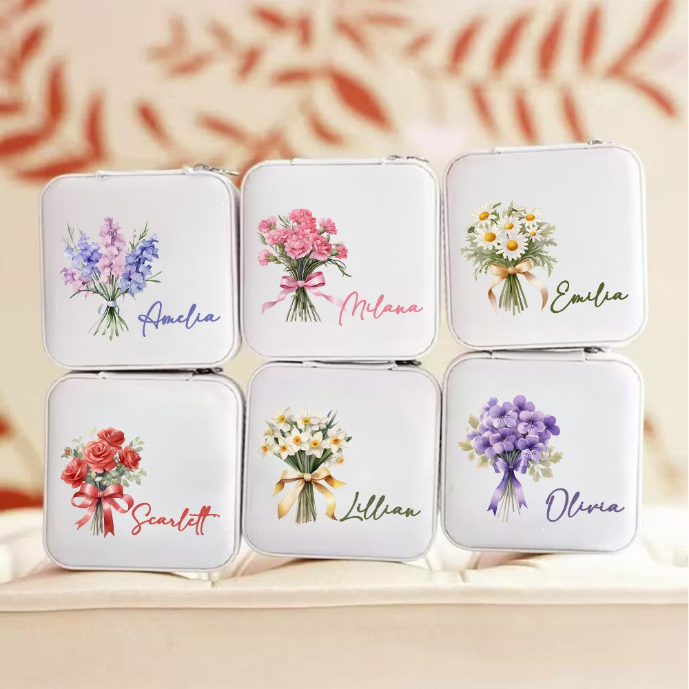 Personalized Name Birth Flower Jewelry Box, PU Leather Flower Bouquet Travel Jewelry Case, Mother's Day/Birthday/Bridal Gift for Mom/Bridesmaids/Her