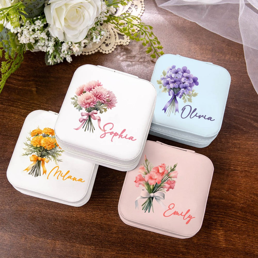 Personalized Name Birth Flower Jewelry Box, PU Leather Flower Bouquet Travel Jewelry Case, Mother's Day/Birthday/Bridal Gift for Mom/Bridesmaids/Her