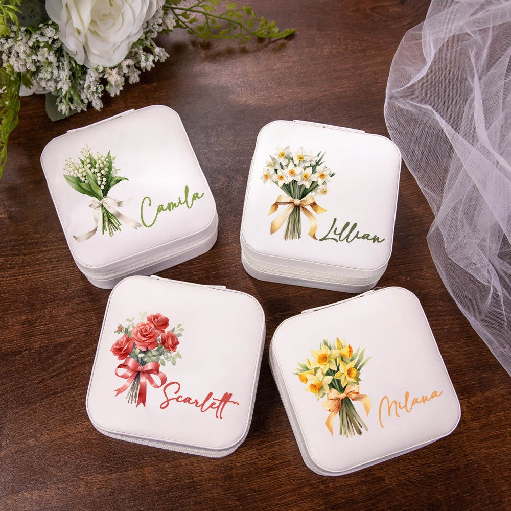 Personalized Name Birth Flower Jewelry Box, PU Leather Flower Bouquet Travel Jewelry Case, Mother's Day/Birthday/Bridal Gift for Mom/Bridesmaids/Her