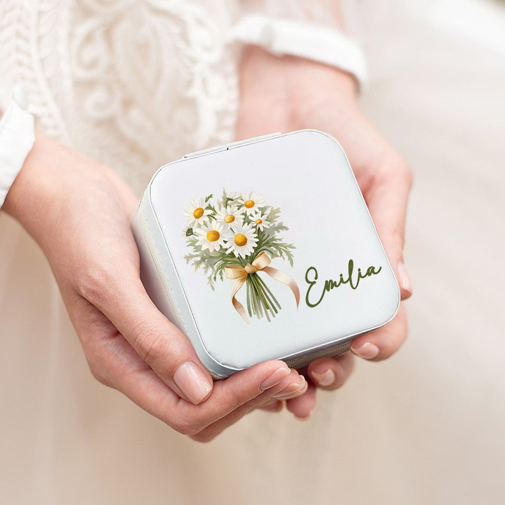 Personalized Name Birth Flower Jewelry Box, PU Leather Flower Bouquet Travel Jewelry Case, Mother's Day/Birthday/Bridal Gift for Mom/Bridesmaids/Her