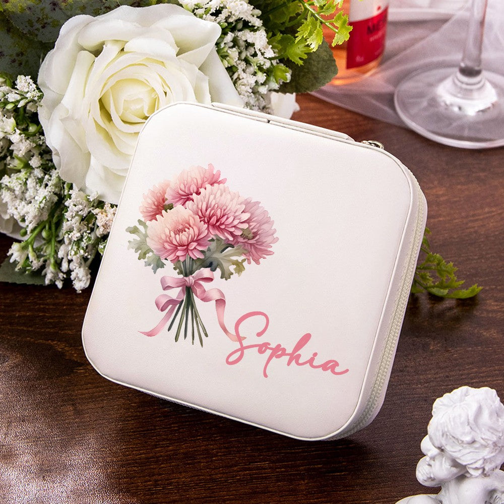 Personalized Name Birth Flower Jewelry Box, PU Leather Flower Bouquet Travel Jewelry Case, Mother's Day/Birthday/Bridal Gift for Mom/Bridesmaids/Her