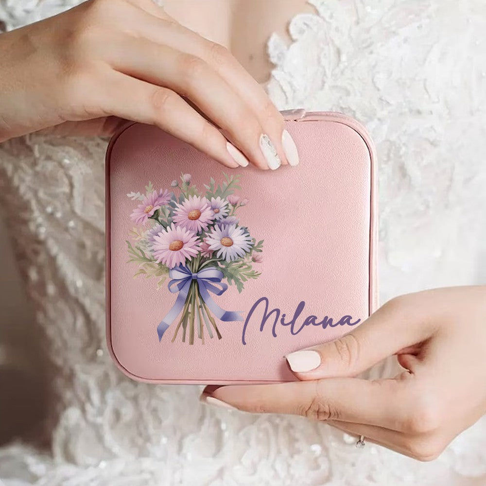 Personalized Name Birth Flower Jewelry Box, PU Leather Flower Bouquet Travel Jewelry Case, Mother's Day/Birthday/Bridal Gift for Mom/Bridesmaids/Her