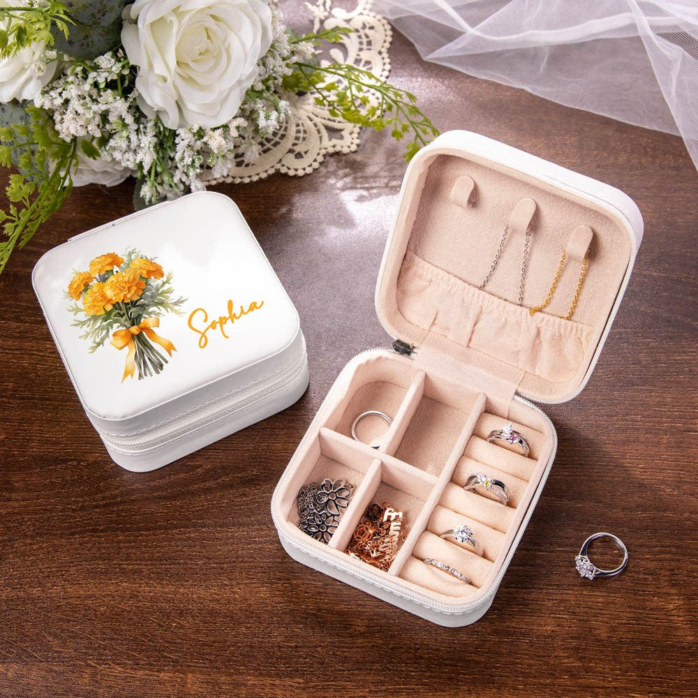 Personalized Name Birth Flower Jewelry Box, PU Leather Flower Bouquet Travel Jewelry Case, Mother's Day/Birthday/Bridal Gift for Mom/Bridesmaids/Her