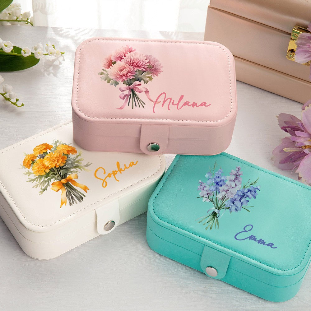 Personalized Name Birth Flower Jewelry Box, PU Leather Flower Bouquet Travel Jewelry Case, Mother's Day/Birthday/Bridal Gift for Mom/Bridesmaids/Her
