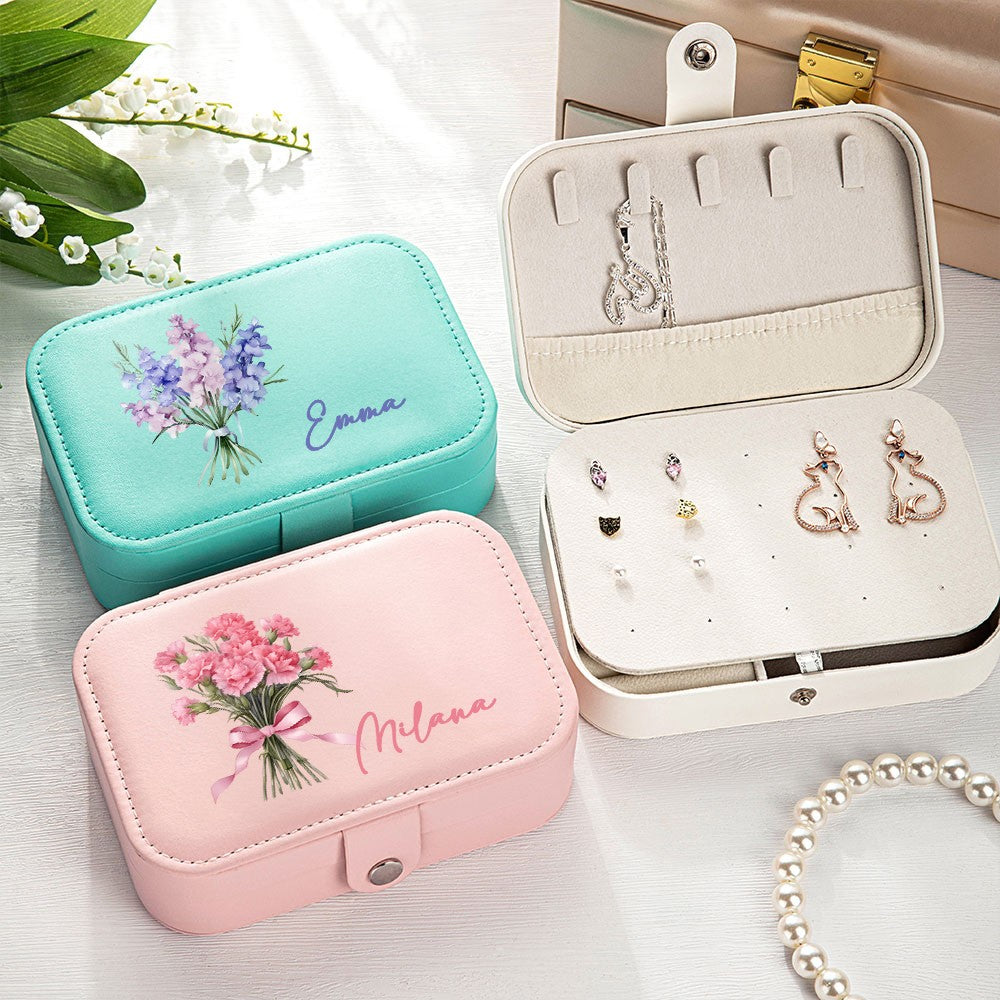 Personalized Name Birth Flower Jewelry Box, PU Leather Flower Bouquet Travel Jewelry Case, Mother's Day/Birthday/Bridal Gift for Mom/Bridesmaids/Her