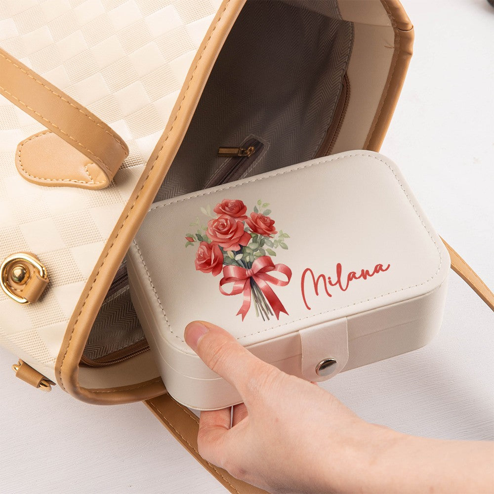 Personalized Name Birth Flower Jewelry Box, PU Leather Flower Bouquet Travel Jewelry Case, Mother's Day/Birthday/Bridal Gift for Mom/Bridesmaids/Her
