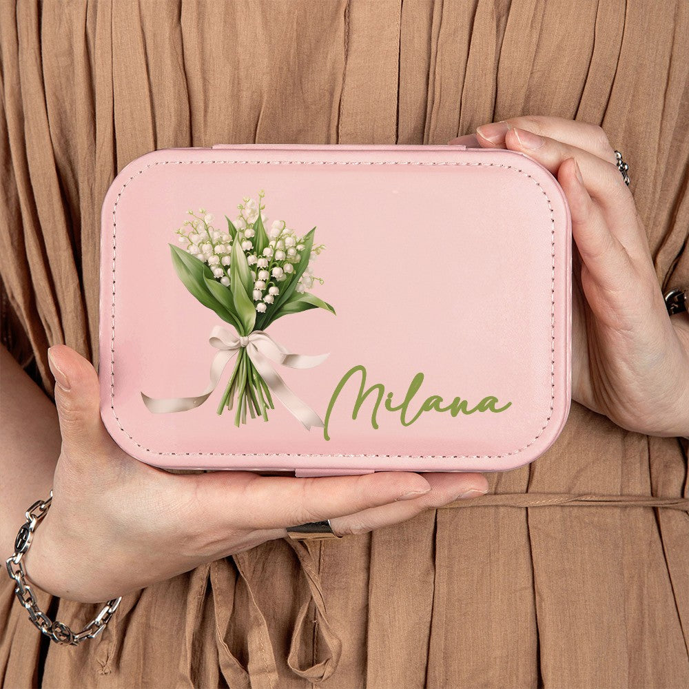 Personalized Name Birth Flower Jewelry Box, PU Leather Flower Bouquet Travel Jewelry Case, Mother's Day/Birthday/Bridal Gift for Mom/Bridesmaids/Her