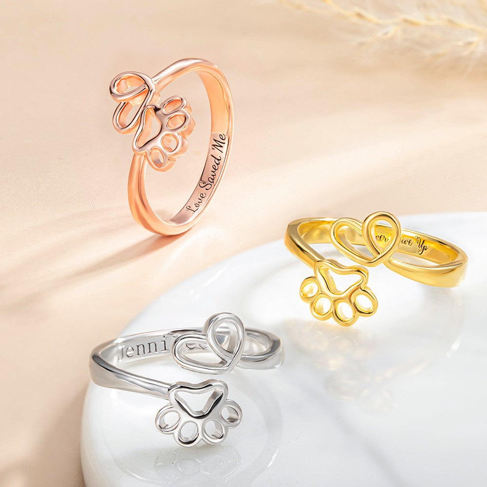 Custom Name Engraved Pet Ring, Paw Print Love Heart Name Ring, Memorial Jewelry, Sterling Silver 925 Adjustable Open Ring, Gift for Pet Lover/Owner