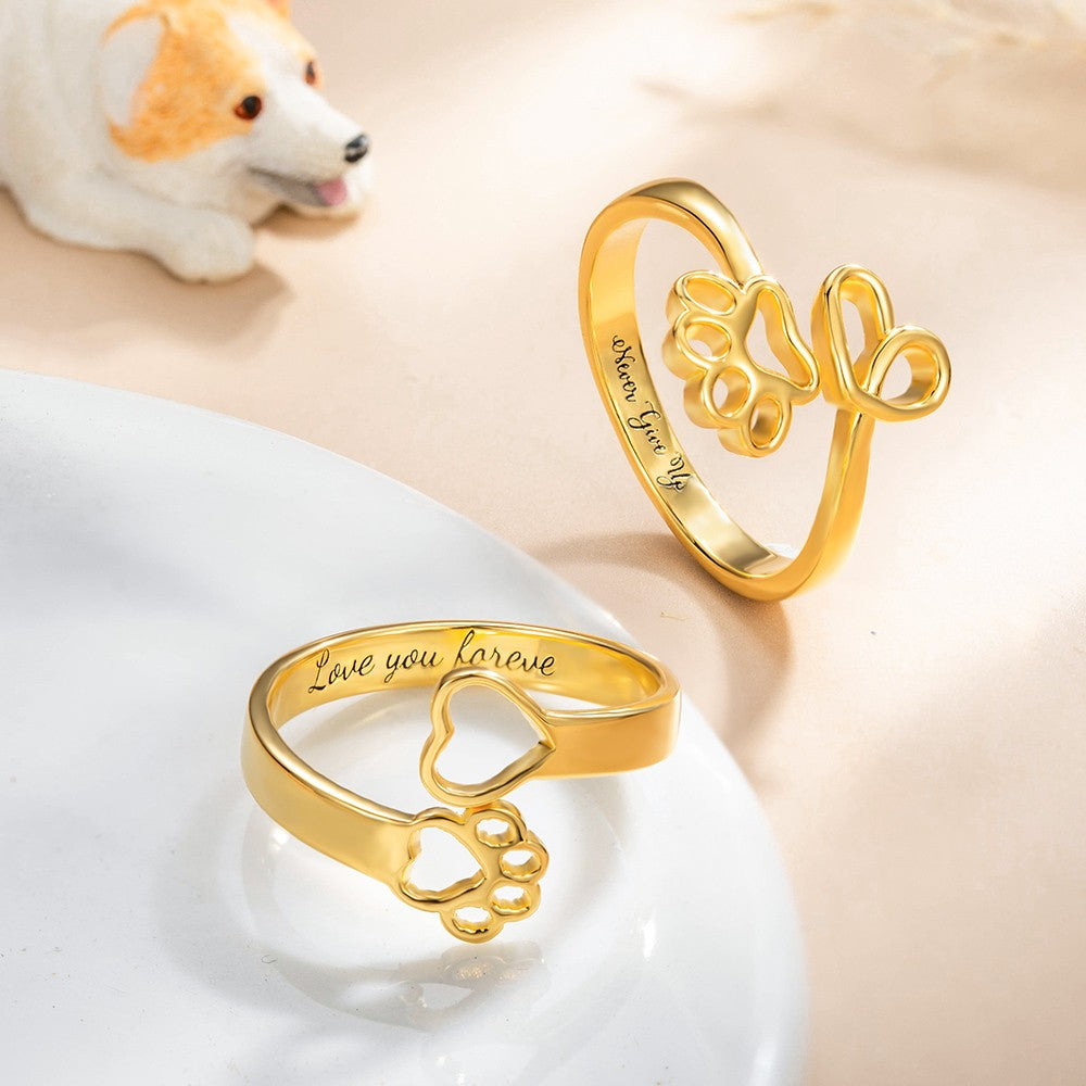 Custom Name Engraved Pet Ring, Paw Print Love Heart Name Ring, Memorial Jewelry, Sterling Silver 925 Adjustable Open Ring, Gift for Pet Lover/Owner