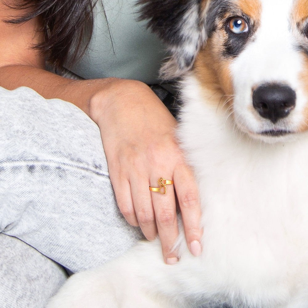 Custom Name Engraved Pet Ring, Paw Print Love Heart Name Ring, Memorial Jewelry, Sterling Silver 925 Adjustable Open Ring, Gift for Pet Lover/Owner