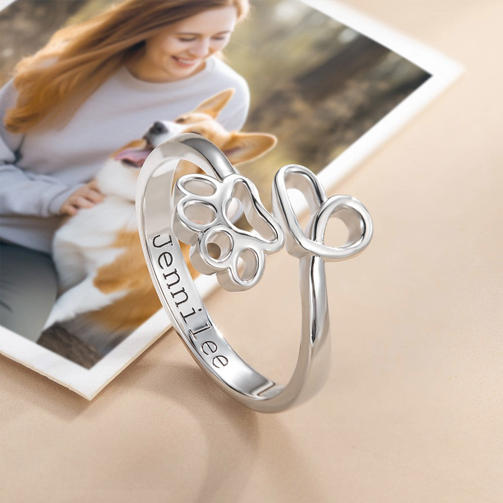 Custom Name Engraved Pet Ring, Paw Print Love Heart Name Ring, Memorial Jewelry, Sterling Silver 925 Adjustable Open Ring, Gift for Pet Lover/Owner