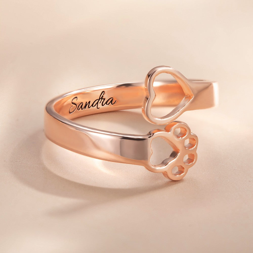 Custom Name Engraved Pet Ring, Paw Print Love Heart Name Ring, Memorial Jewelry, Sterling Silver 925 Adjustable Open Ring, Gift for Pet Lover/Owner