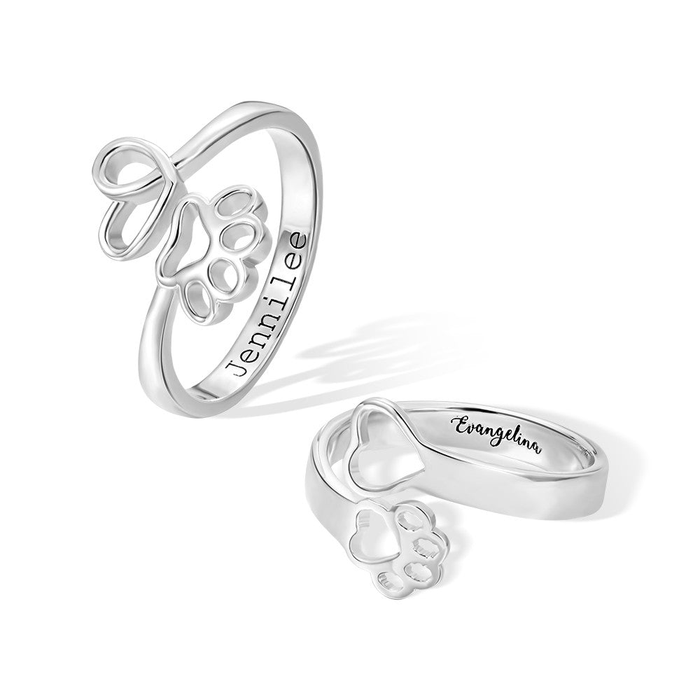 Custom Name Engraved Pet Ring, Paw Print Love Heart Name Ring, Memorial Jewelry, Sterling Silver 925 Adjustable Open Ring, Gift for Pet Lover/Owner
