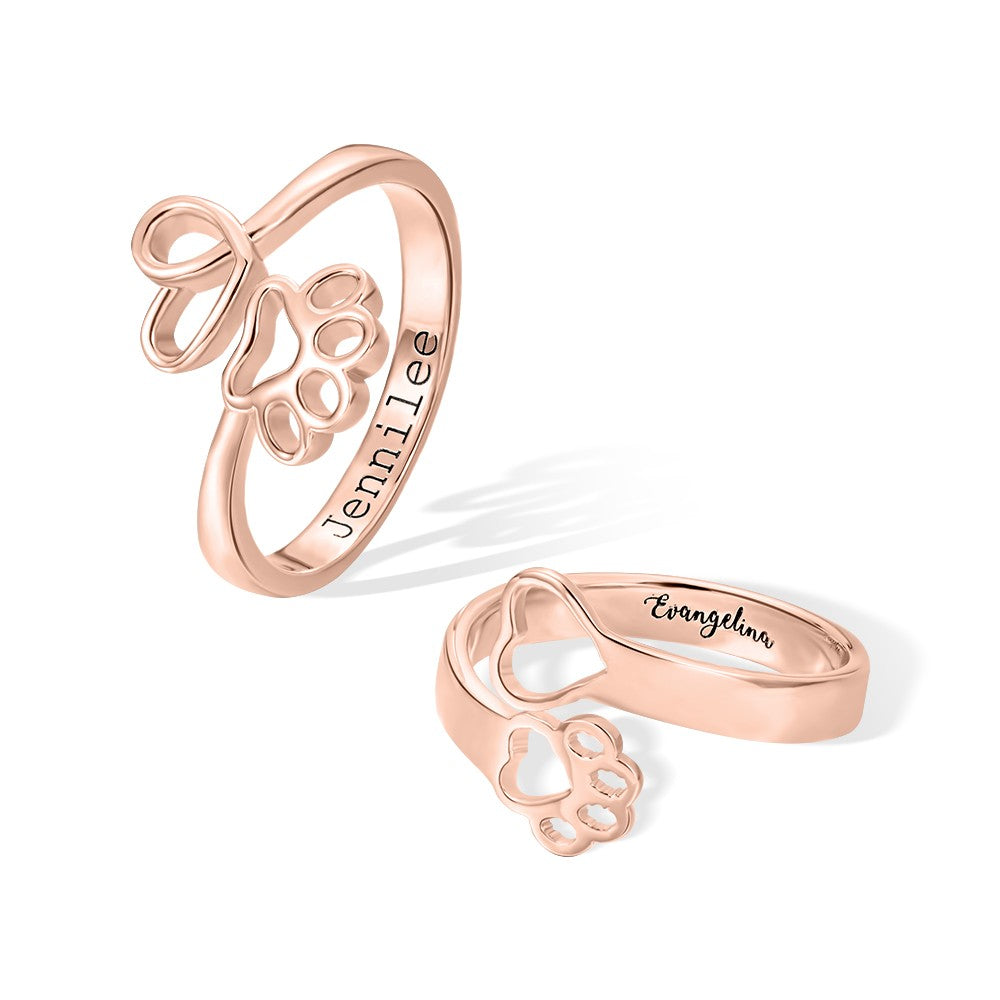 Custom Name Engraved Pet Ring, Paw Print Love Heart Name Ring, Memorial Jewelry, Sterling Silver 925 Adjustable Open Ring, Gift for Pet Lover/Owner