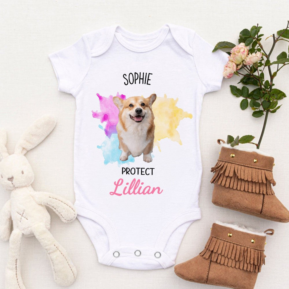 Custom Name Pet Photo Baby Onesies, Baby Name & Pet Picture Romper, Cotton Bodysuit, Baby Shower/Birthday Gift for Infant/Newborn with Furry Family