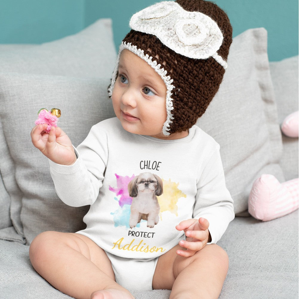 Custom Name Pet Photo Baby Onesies, Baby Name & Pet Picture Romper, Cotton Bodysuit, Baby Shower/Birthday Gift for Infant/Newborn with Furry Family