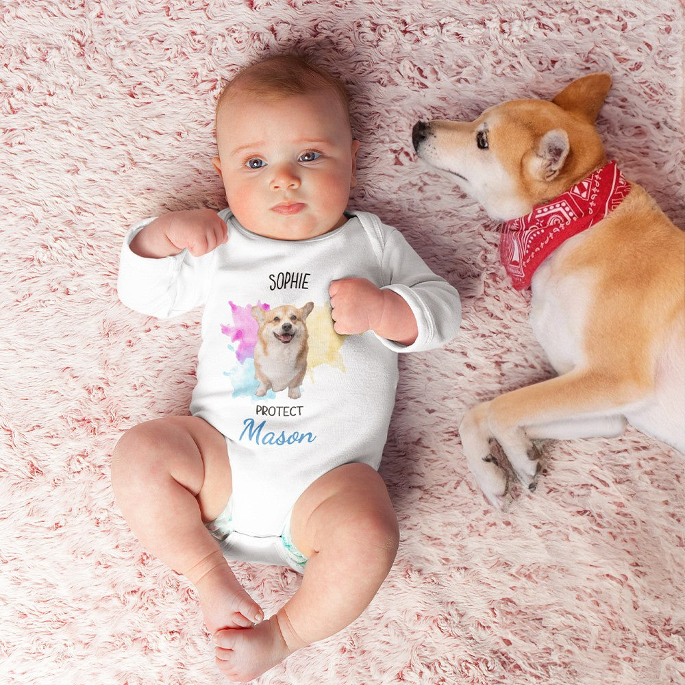 Custom Name Pet Photo Baby Onesies, Baby Name & Pet Picture Romper, Cotton Bodysuit, Baby Shower/Birthday Gift for Infant/Newborn with Furry Family