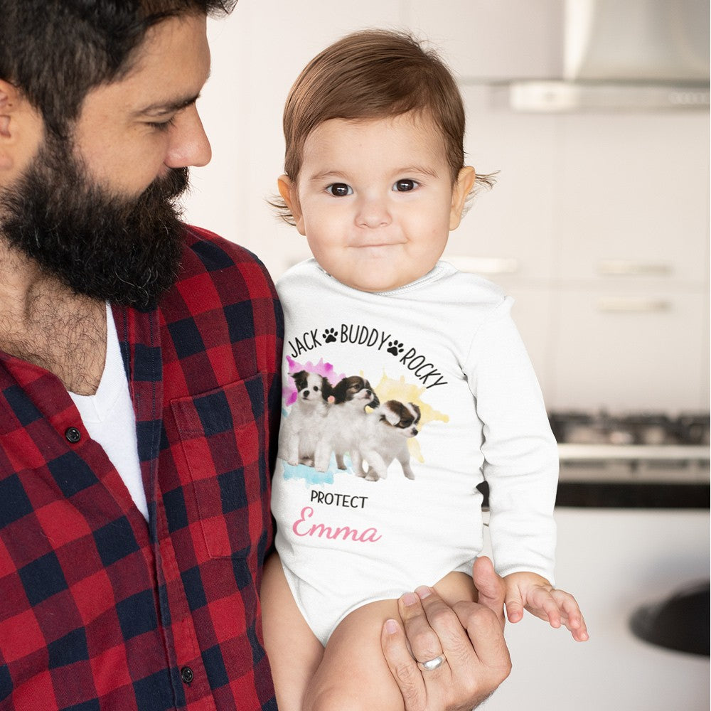 Custom Name Pet Photo Baby Onesies, Baby Name & Pet Picture Romper, Cotton Bodysuit, Baby Shower/Birthday Gift for Infant/Newborn with Furry Family