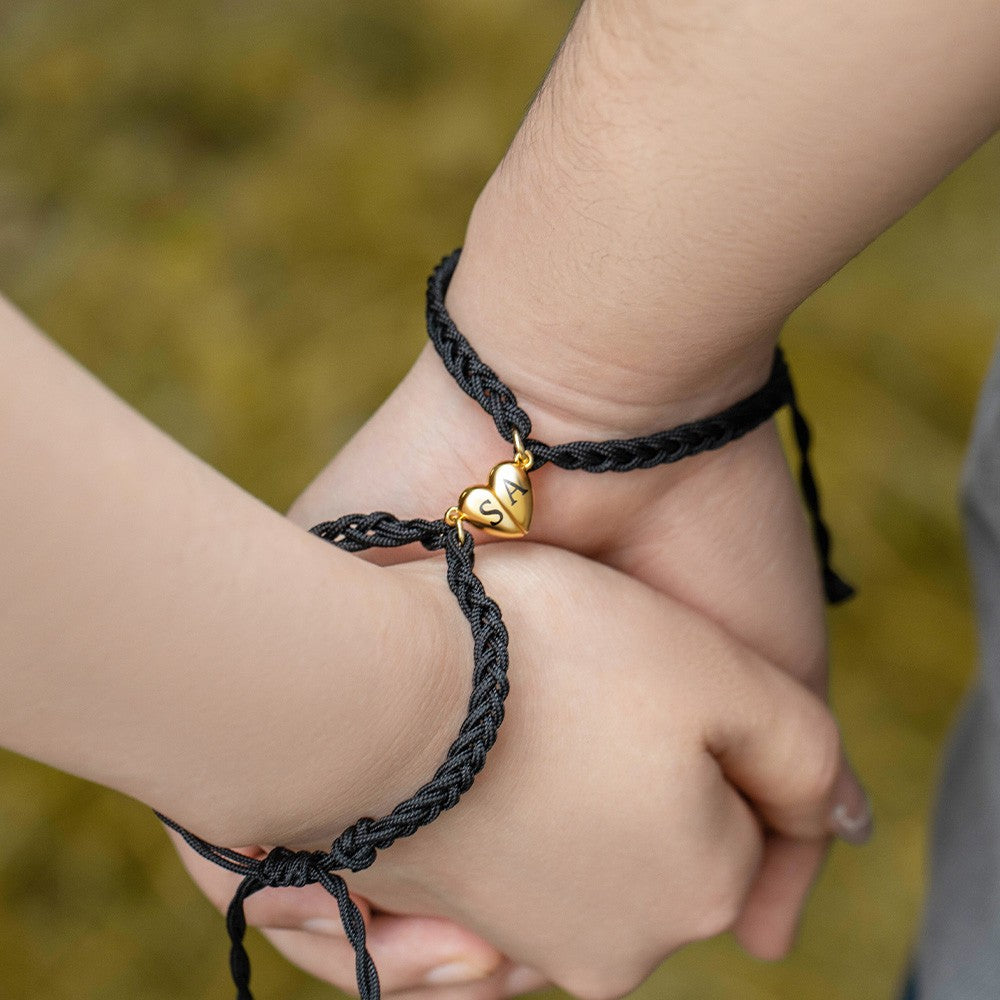 Custom Initials Matching Heart Magnetic Bracelets, Set of 2, Adjustable Matching Couple Braided Bracelets, Couple/Friendship Gift for Lover/Best Friend