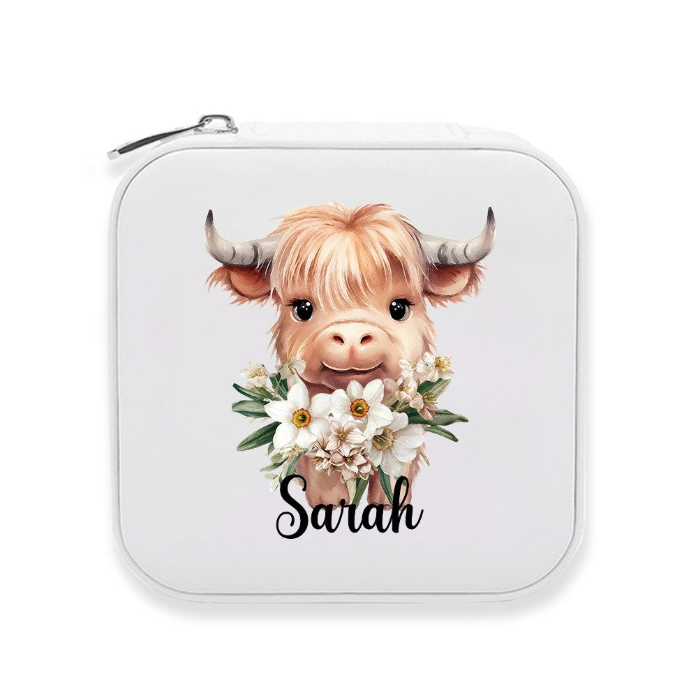 Personalized Name Birth Flower Highland Cow Jewelry Box, PU Leather Travel Jewelry Case, Birthday/Mother's Day Gift for Women/Girls/Highland Cow Lover