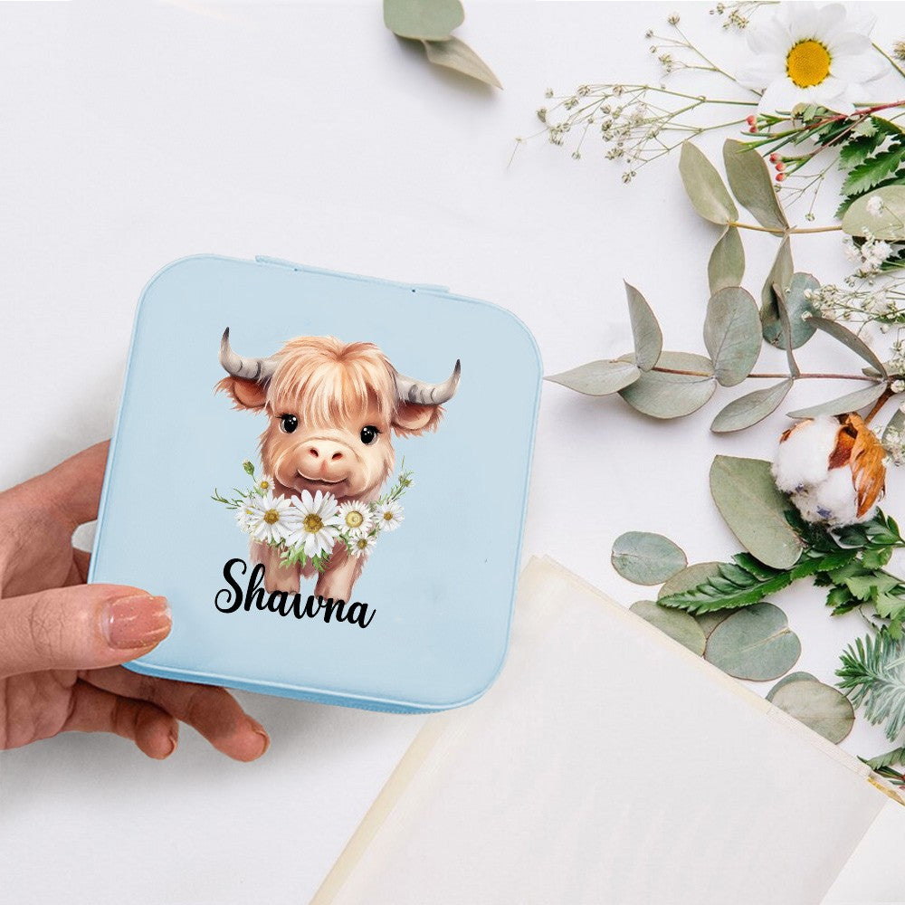 Personalized Name Birth Flower Highland Cow Jewelry Box, PU Leather Travel Jewelry Case, Birthday/Mother's Day Gift for Women/Girls/Highland Cow Lover