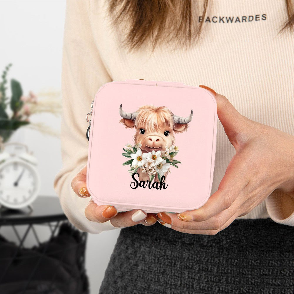 Personalized Name Birth Flower Highland Cow Jewelry Box, PU Leather Travel Jewelry Case, Birthday/Mother's Day Gift for Women/Girls/Highland Cow Lover