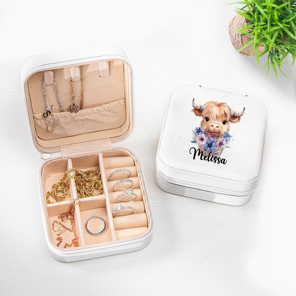 Personalized Name Birth Flower Highland Cow Jewelry Box, PU Leather Travel Jewelry Case, Birthday/Mother's Day Gift for Women/Girls/Highland Cow Lover