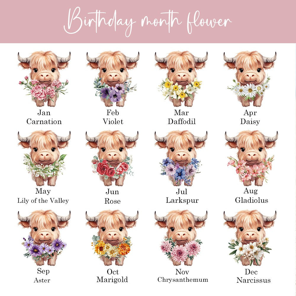 Personalized Name Birth Flower Highland Cow Jewelry Box, PU Leather Travel Jewelry Case, Birthday/Mother's Day Gift for Women/Girls/Highland Cow Lover