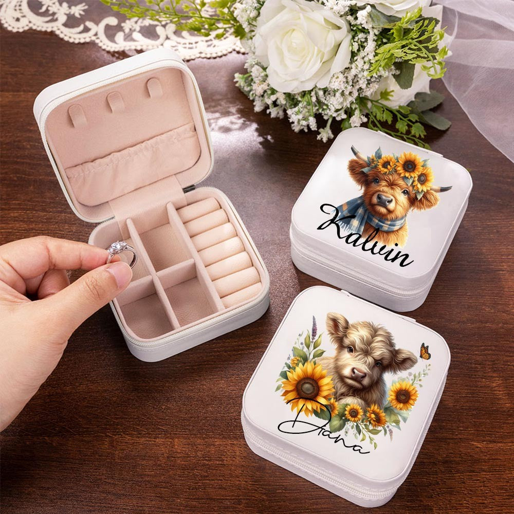 Personalized Name Sunflower Highland Cow Jewelry Box, PU Leather Travel Jewelry Case, Birthday/Mother's Day Gift for Women/Girls/Highland Cow Lover