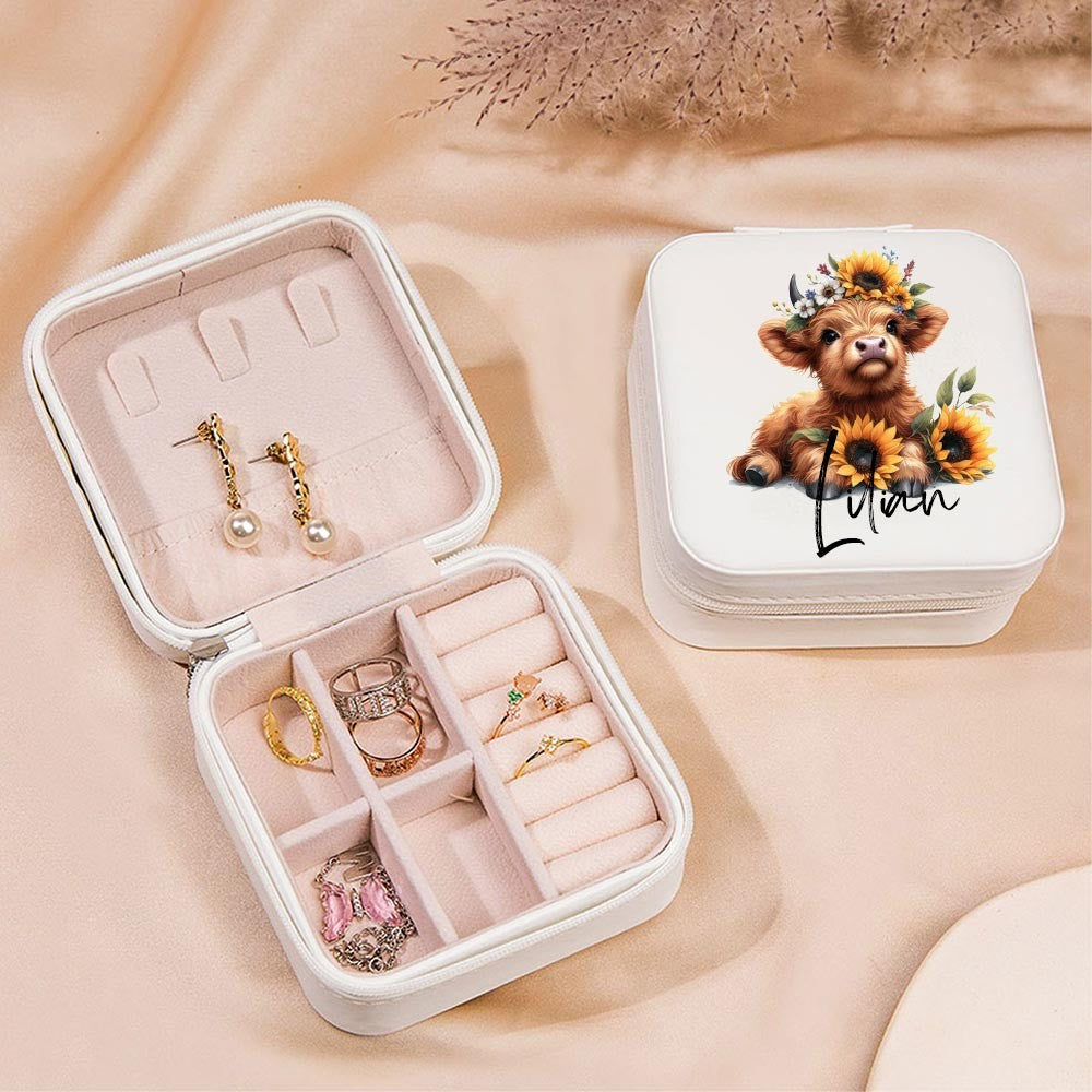 Personalized Name Sunflower Highland Cow Jewelry Box, PU Leather Travel Jewelry Case, Birthday/Mother's Day Gift for Women/Girls/Highland Cow Lover