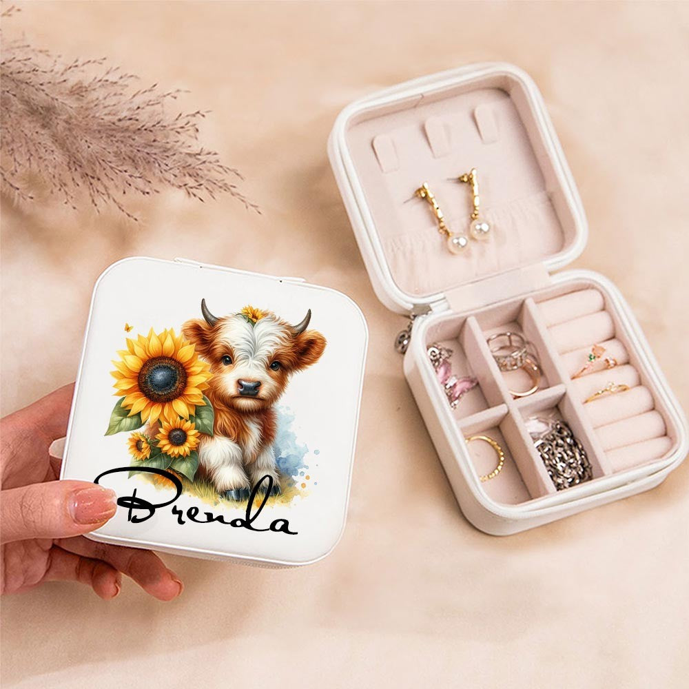Personalized Name Sunflower Highland Cow Jewelry Box, PU Leather Travel Jewelry Case, Birthday/Mother's Day Gift for Women/Girls/Highland Cow Lover