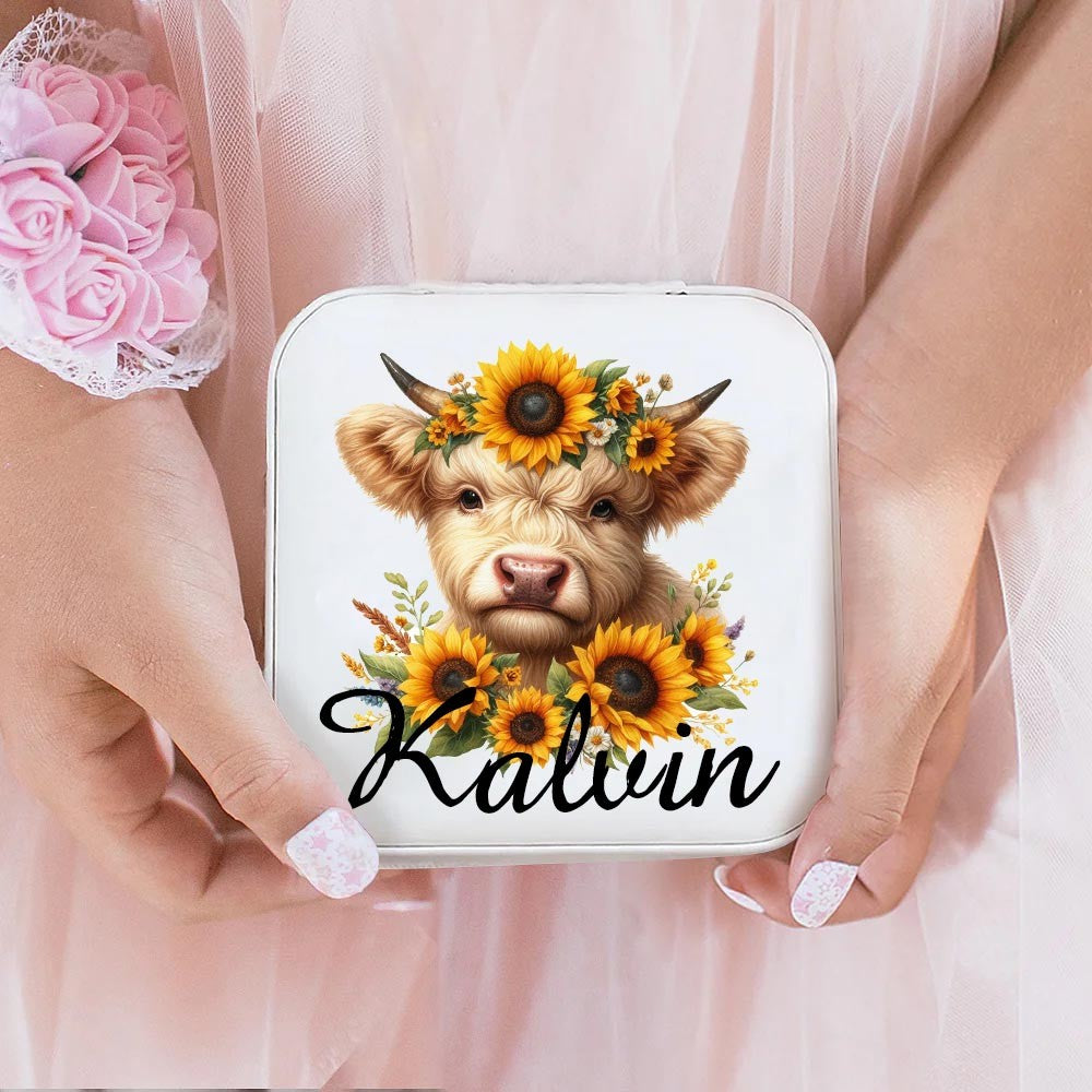 Personalized Name Sunflower Highland Cow Jewelry Box, PU Leather Travel Jewelry Case, Birthday/Mother's Day Gift for Women/Girls/Highland Cow Lover