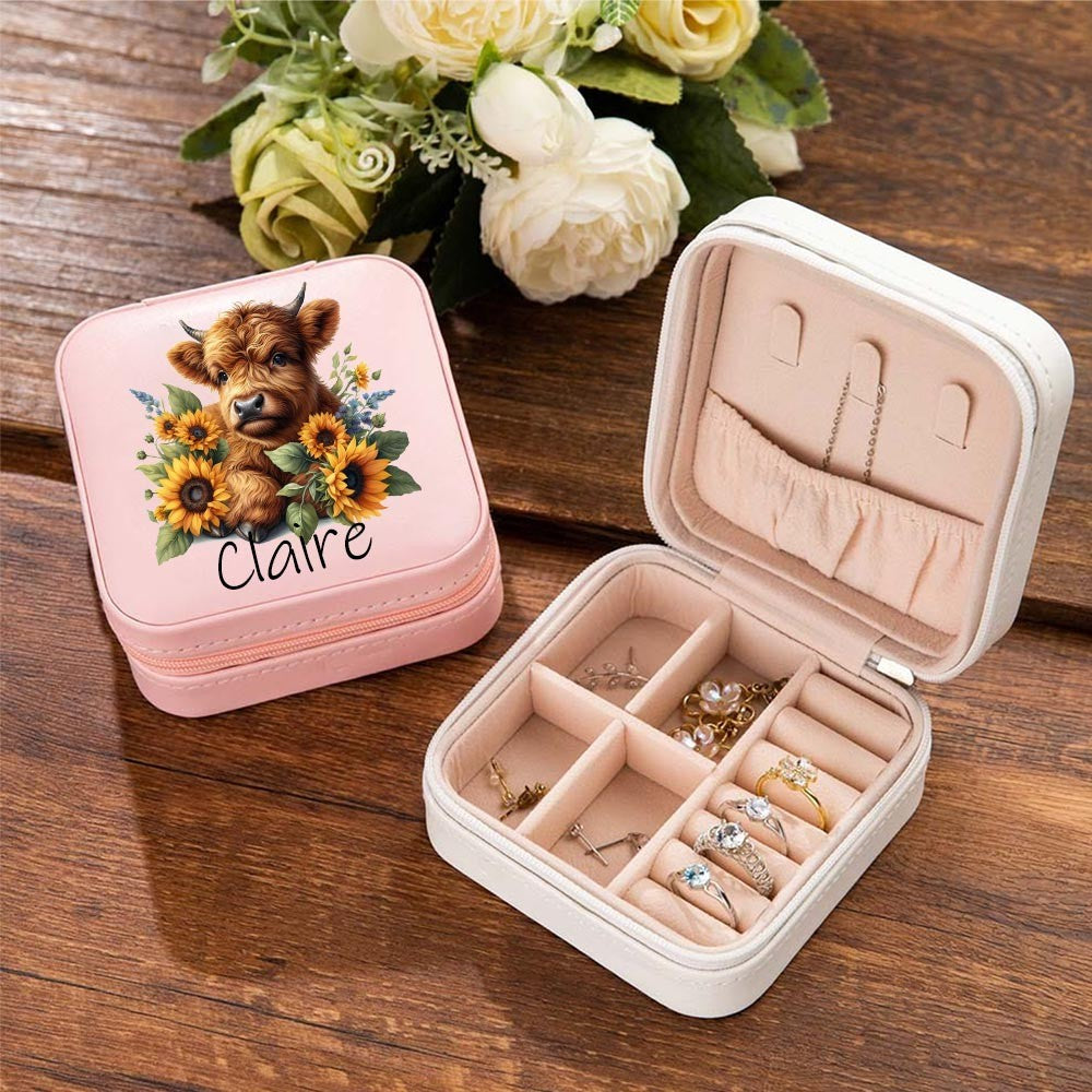 Personalized Name Sunflower Highland Cow Jewelry Box, PU Leather Travel Jewelry Case, Birthday/Mother's Day Gift for Women/Girls/Highland Cow Lover