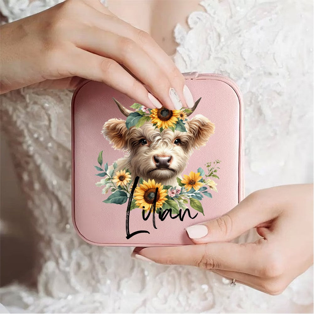 Personalized Name Sunflower Highland Cow Jewelry Box, PU Leather Travel Jewelry Case, Birthday/Mother's Day Gift for Women/Girls/Highland Cow Lover