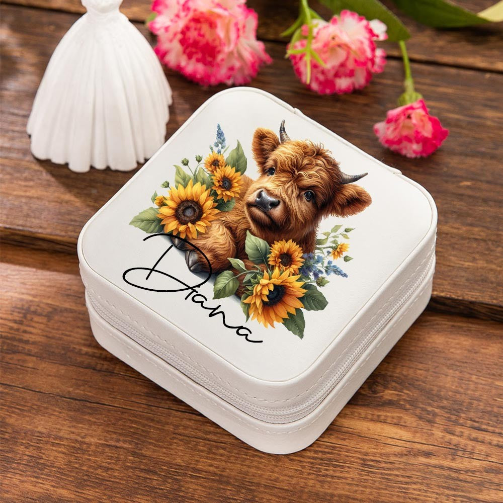Personalized Name Sunflower Highland Cow Jewelry Box, PU Leather Travel Jewelry Case, Birthday/Mother's Day Gift for Women/Girls/Highland Cow Lover